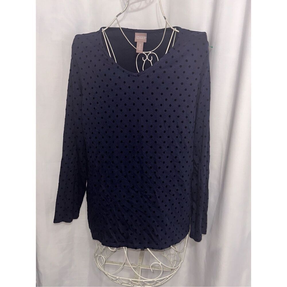 GREAT CONDITION WOMEN Flocked Polka Dot Top BLOUSE navy blue CHICO SZ 2 (medium)